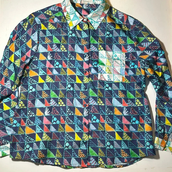 Manoush Geometric Button Down Shirt With Front Pocket 100% Silk Sz 10 F - Picture 1 of 4